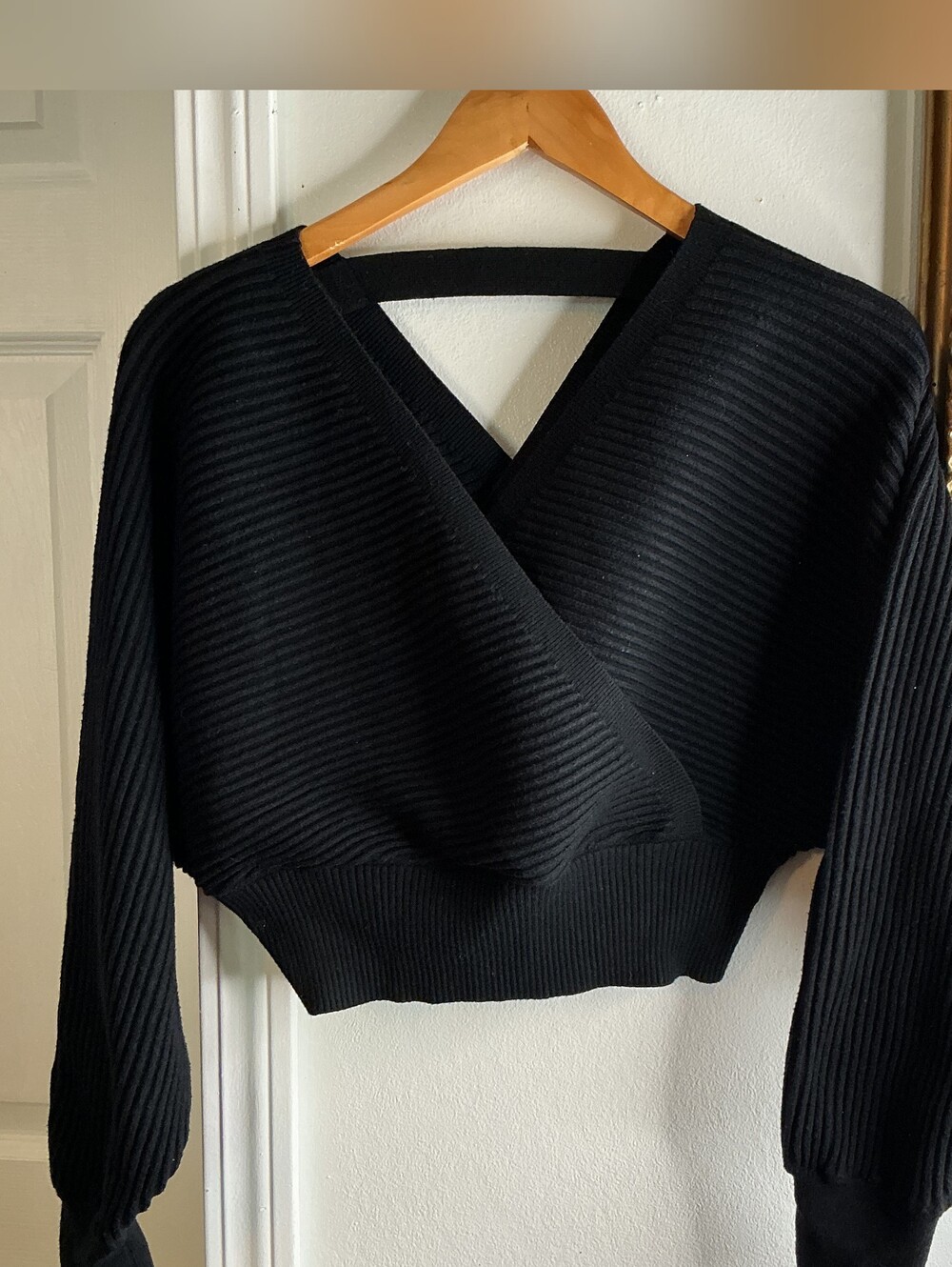 Women's Black Ribbed Wrap Sweater Top
